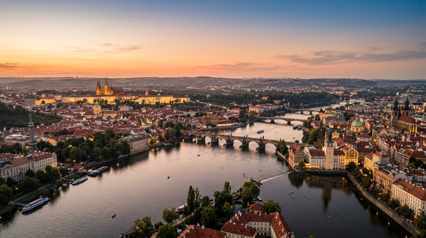 Widok z lotu ptaka na Praga, cel lotów FlyKube z Barcelona