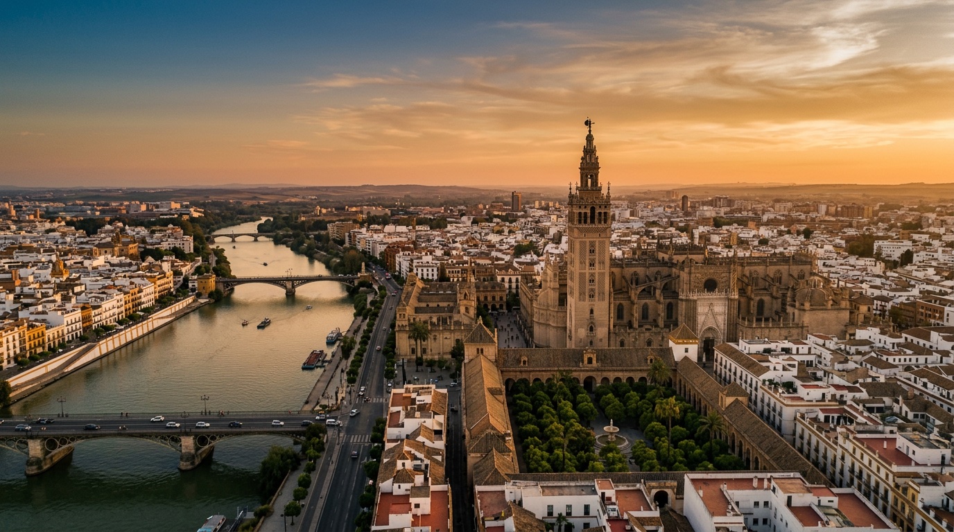 Aerial view of Seville, the destination for FlyKube flights from Barcelona