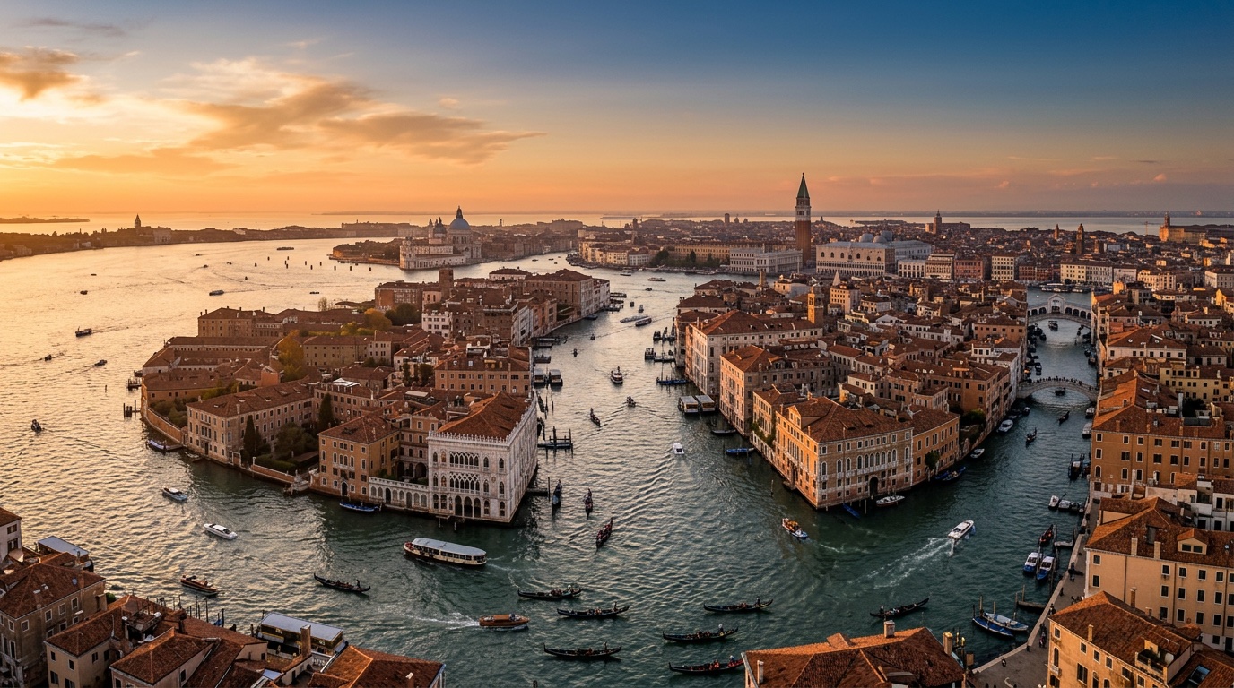Aerial view of Venice, the destination for FlyKube flights from Barcelona