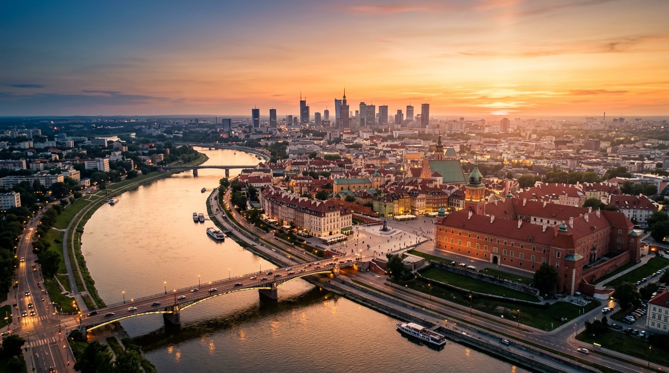 Widok z lotu ptaka na Warszawa, cel lotów FlyKube z Barcelona