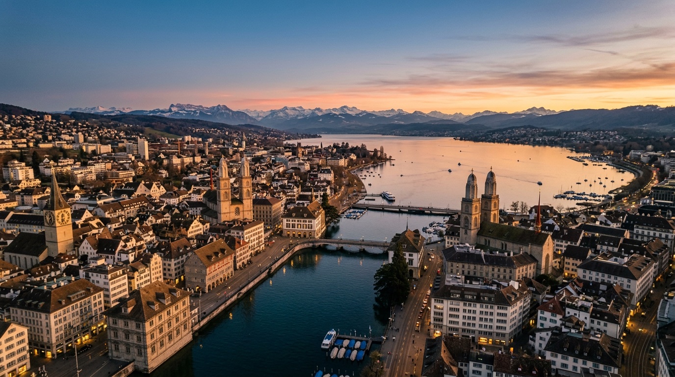 Aerial view of Zurich, the destination for FlyKube flights from Barcelona