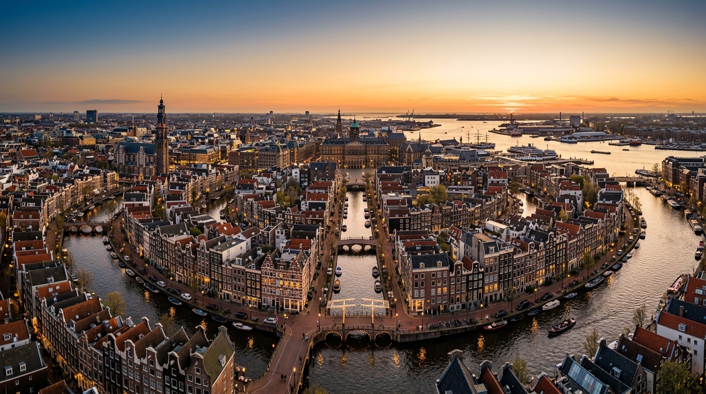 Luftaufnahme von Amsterdam, dem Ziel der FlyKube-Flüge ab Berlin
