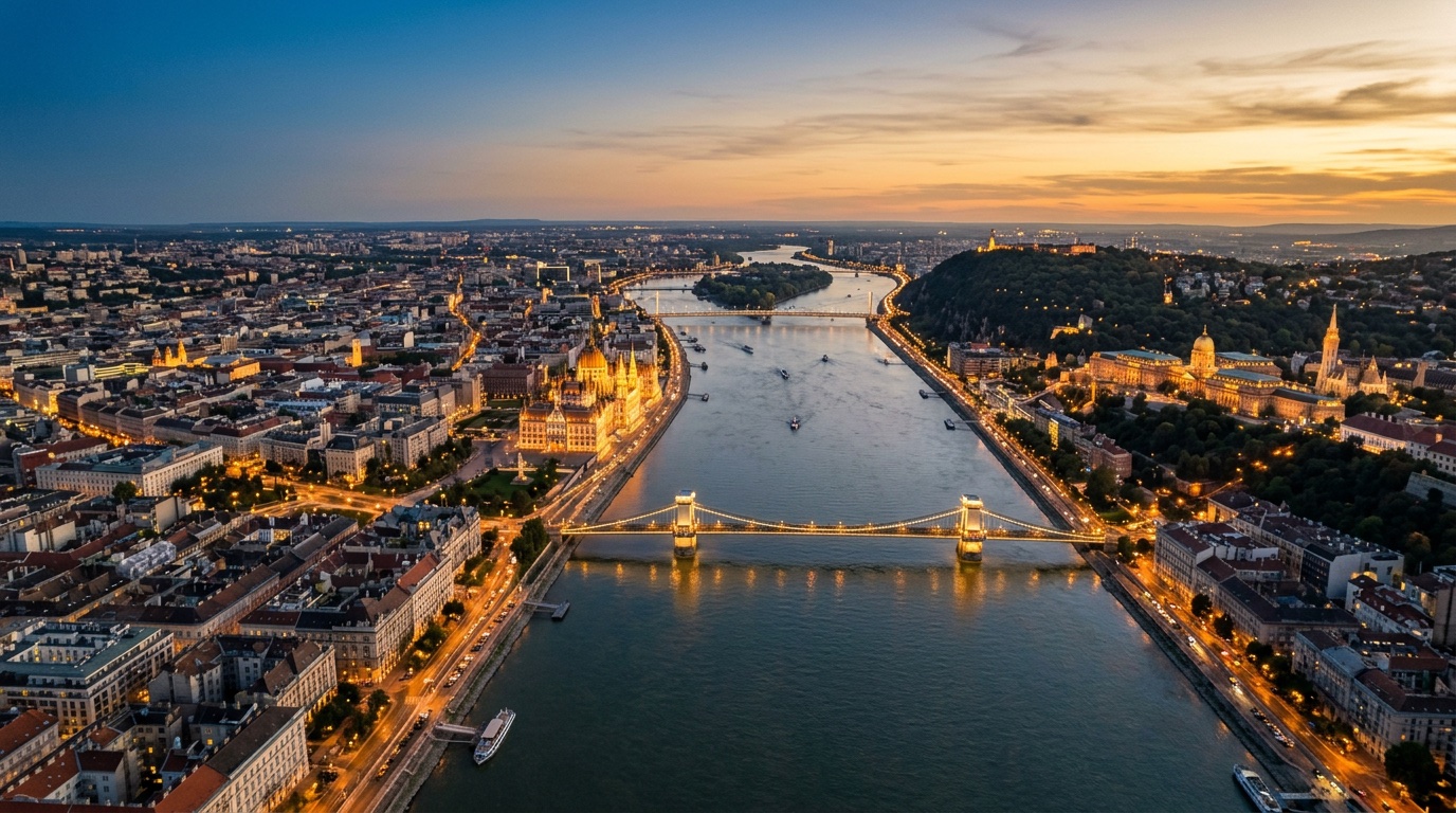 Luftaufnahme von Budapest, dem Ziel der FlyKube-Flüge ab Berlin