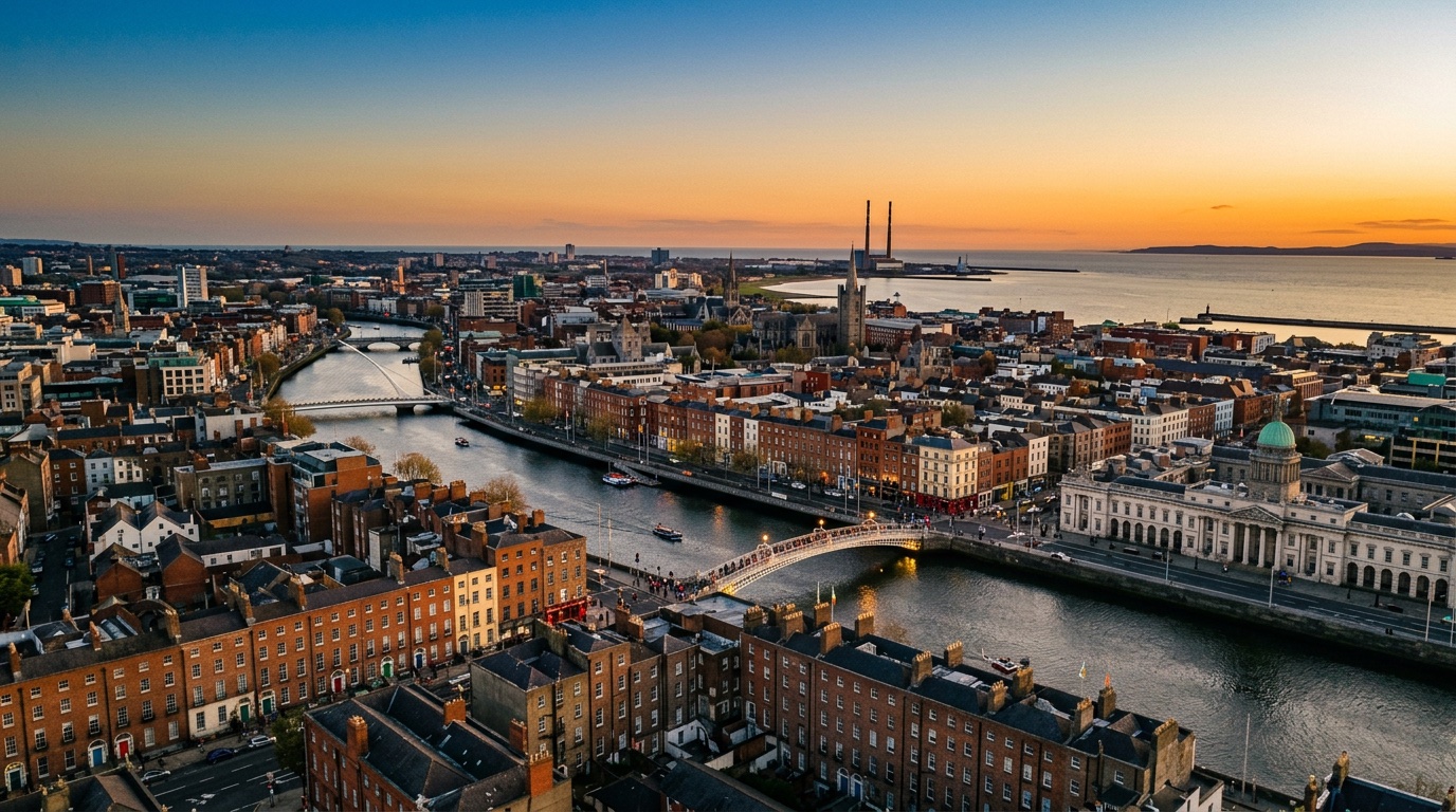 Aerial view of Dublin, the destination for FlyKube flights from Berlin