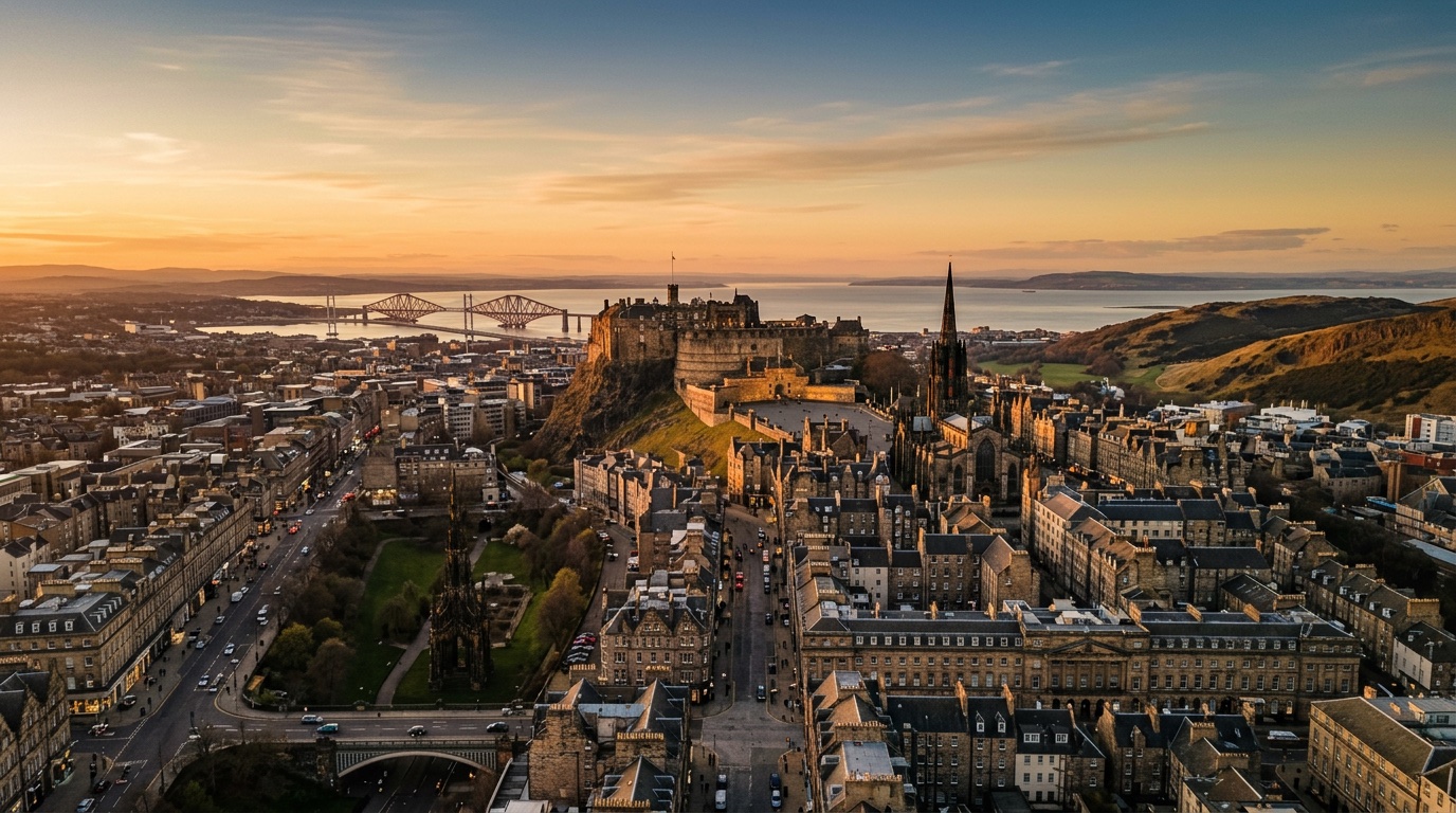 Aerial view of Edinburgh, the destination for FlyKube flights from Berlin