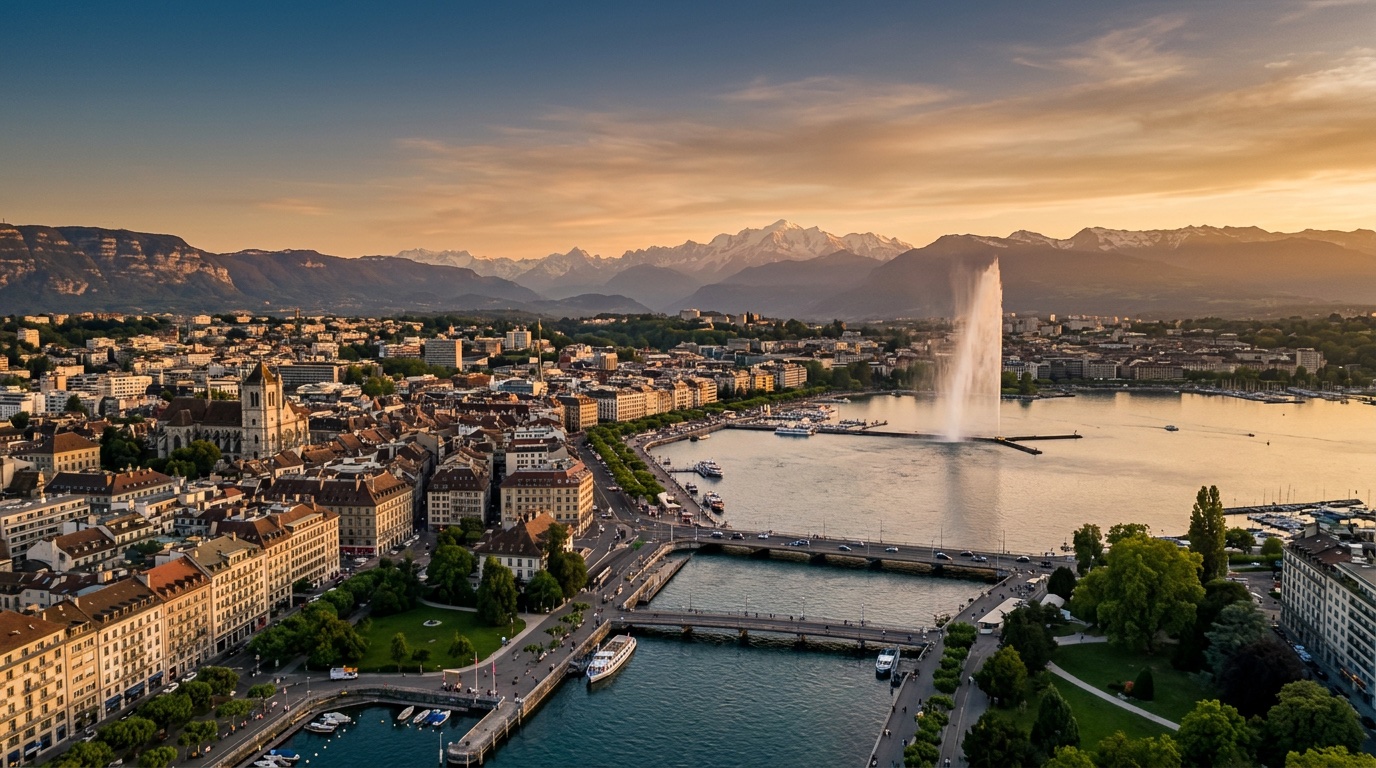 Aerial view of Geneva, the destination for FlyKube flights from Berlin