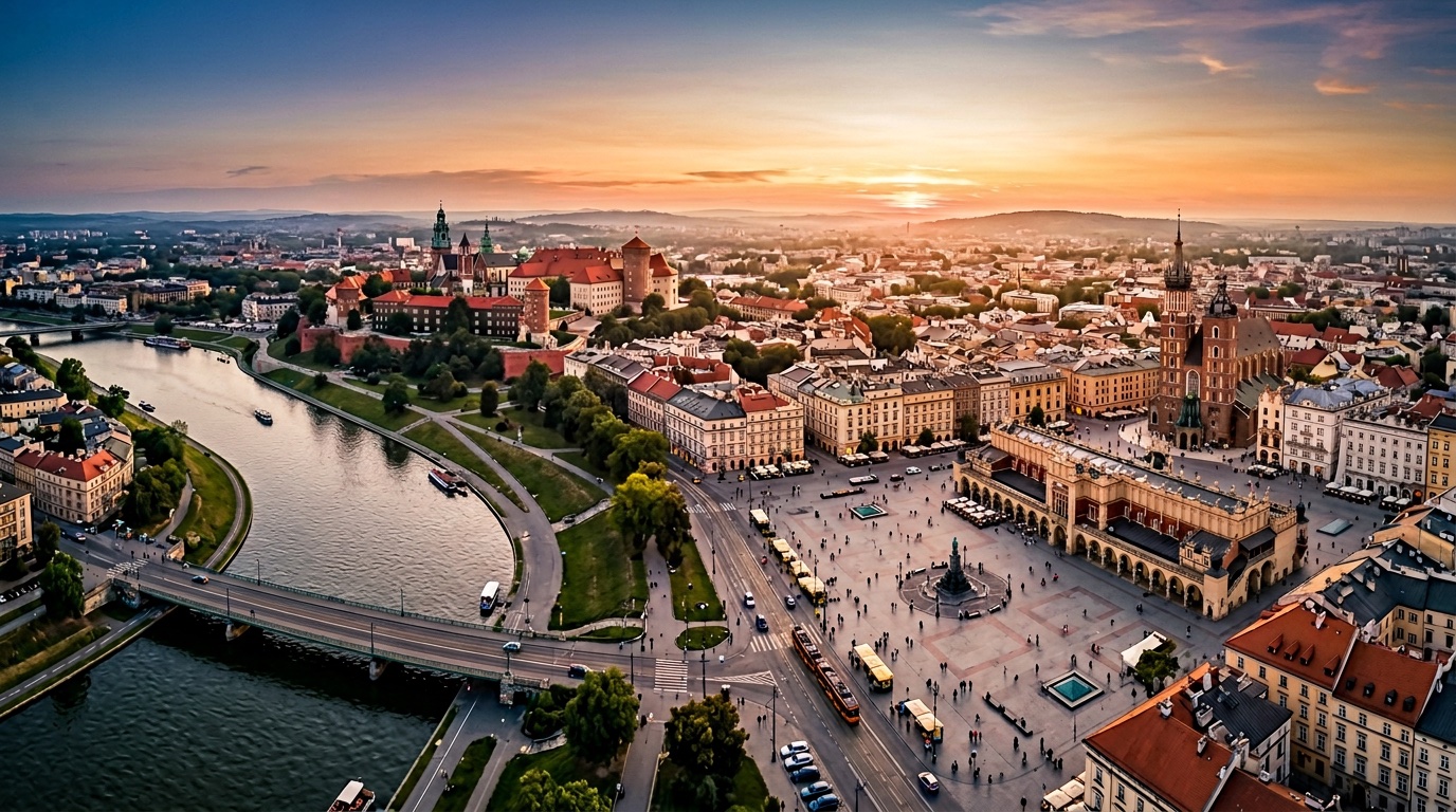 Luftaufnahme von Krakau, dem Ziel der FlyKube-Flüge ab Berlin