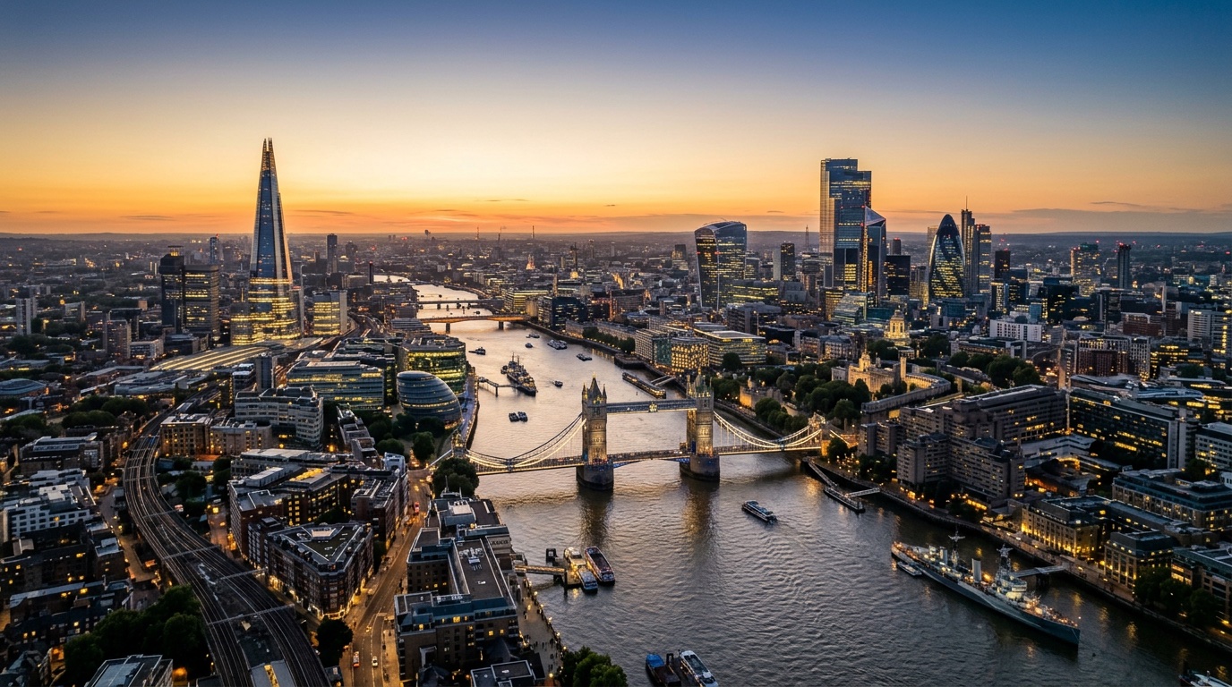 Aerial view of London, the destination for FlyKube flights from Berlin