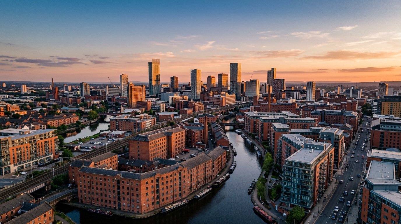 Aerial view of Manchester, the destination for FlyKube flights from Berlin