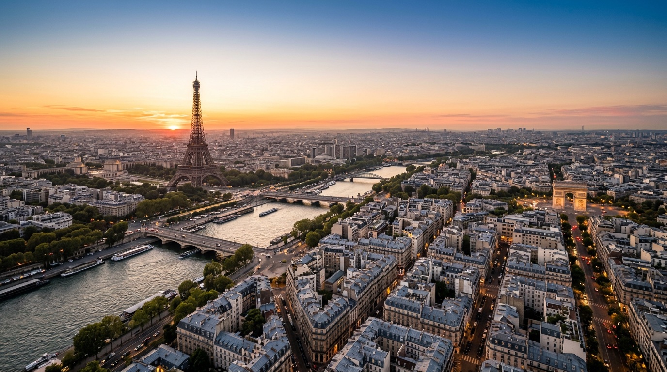 Aerial view of Paris, the destination for FlyKube flights from Berlin