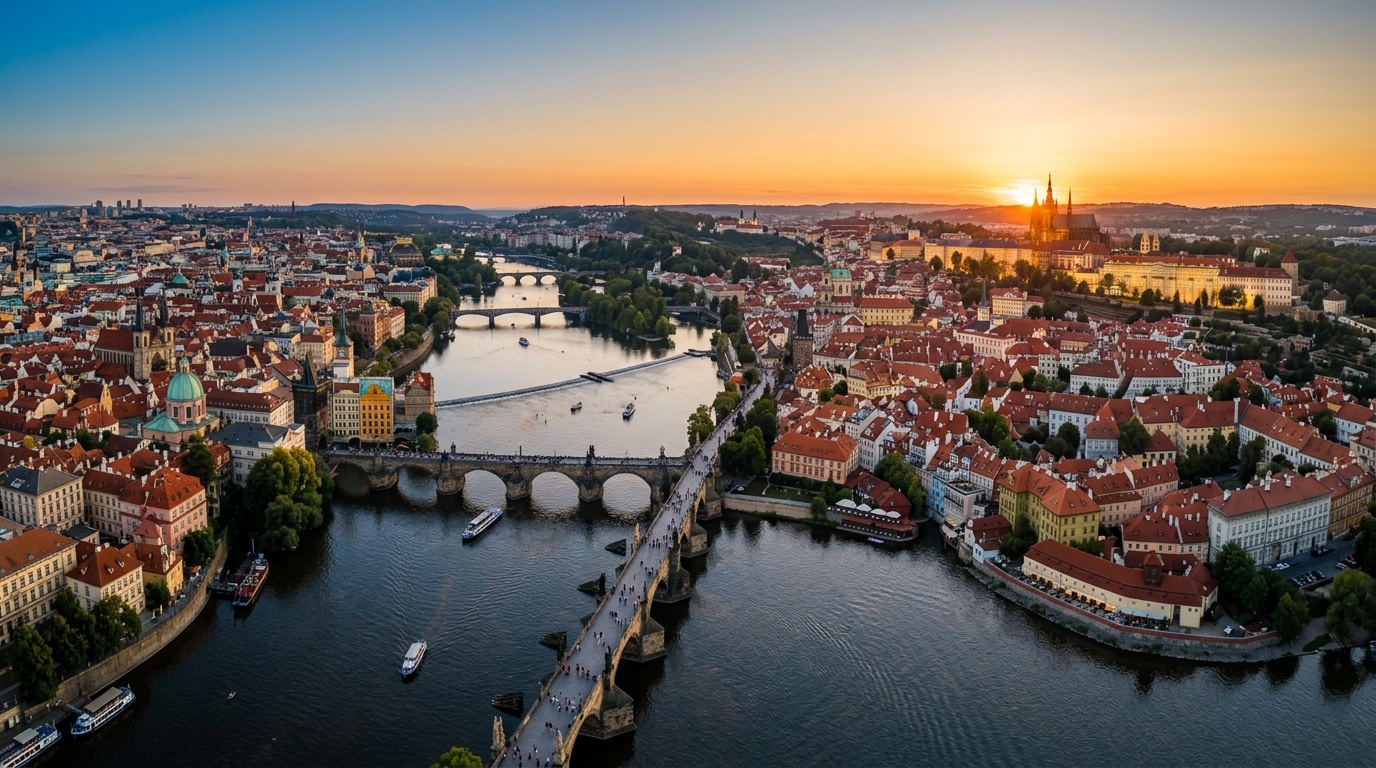 Aerial view of Prague, the destination for FlyKube flights from Berlin