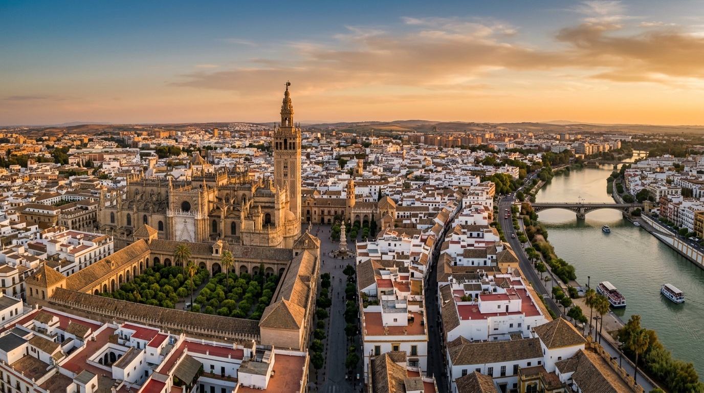 Aerial view of Seville, the destination for FlyKube flights from Berlin