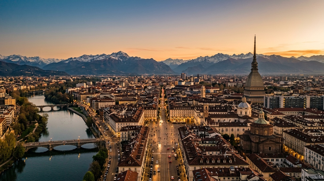 Aerial view of Turin, the destination for FlyKube flights from Berlin