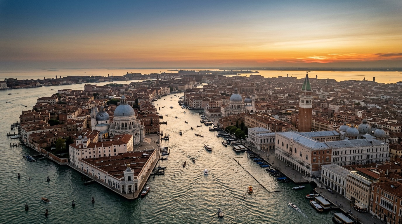 Aerial view of Venice, the destination for FlyKube flights from Berlin