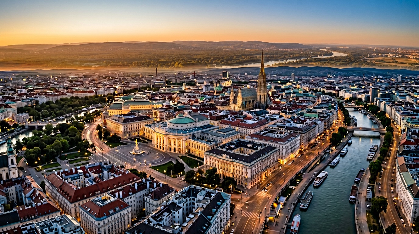 Veduta aerea di Vienna, destinazione dei voli FlyKube da Berlino