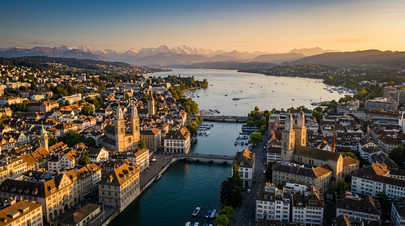 Aerial view of Zurich, the destination for FlyKube flights from Berlin