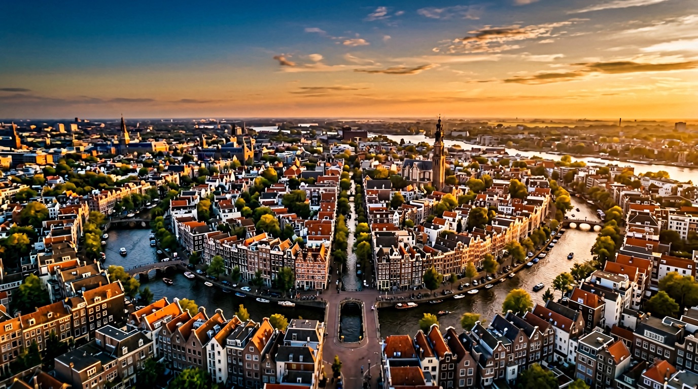 Aerial view of Amsterdam, the destination for FlyKube flights from Lisbon