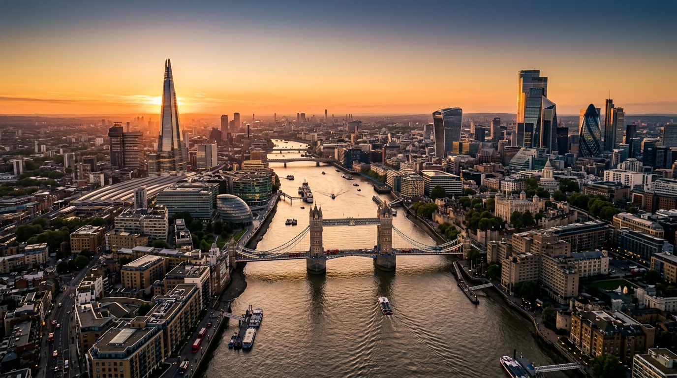 Aerial view of London, the destination for FlyKube flights from Lisbon
