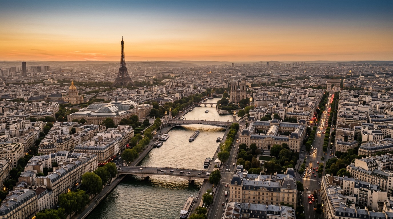Aerial view of Paris, the destination for FlyKube flights from Lisbon
