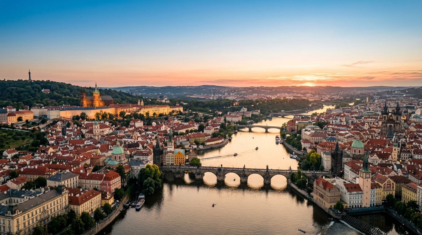 Vista aérea de Praga, destino de los vuelos de FlyKube desde Madrid