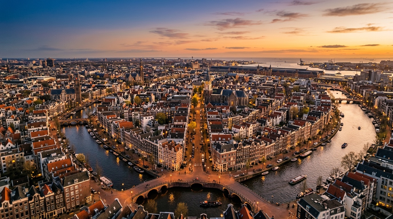 Aerial view of Amsterdam, the destination for FlyKube flights from Milan