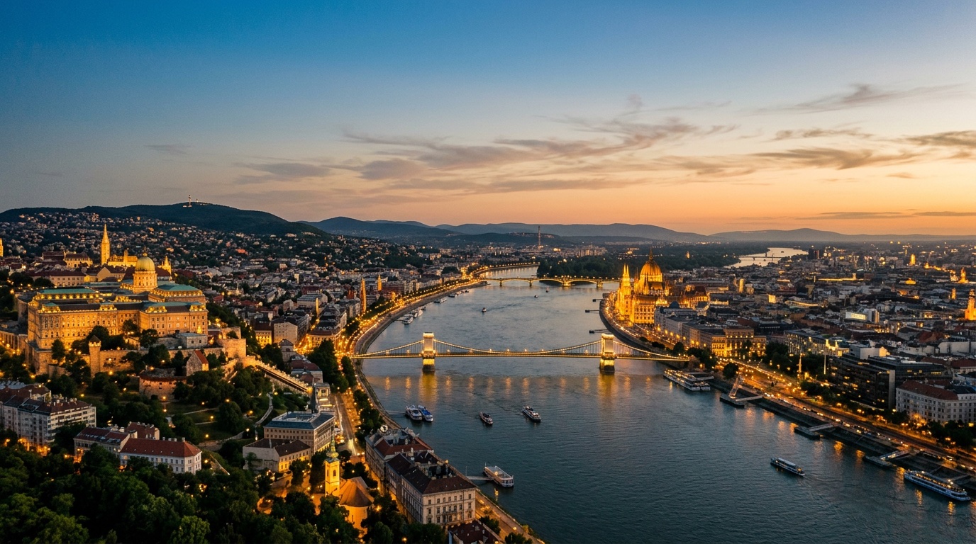 Aerial view of Budapest, the destination for FlyKube flights from Milan