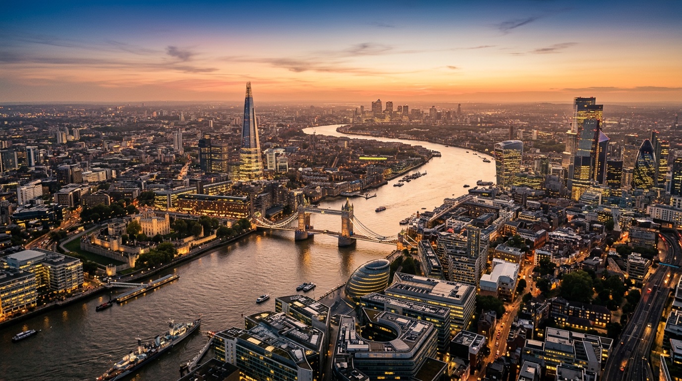 Aerial view of London, the destination for FlyKube flights from Milan