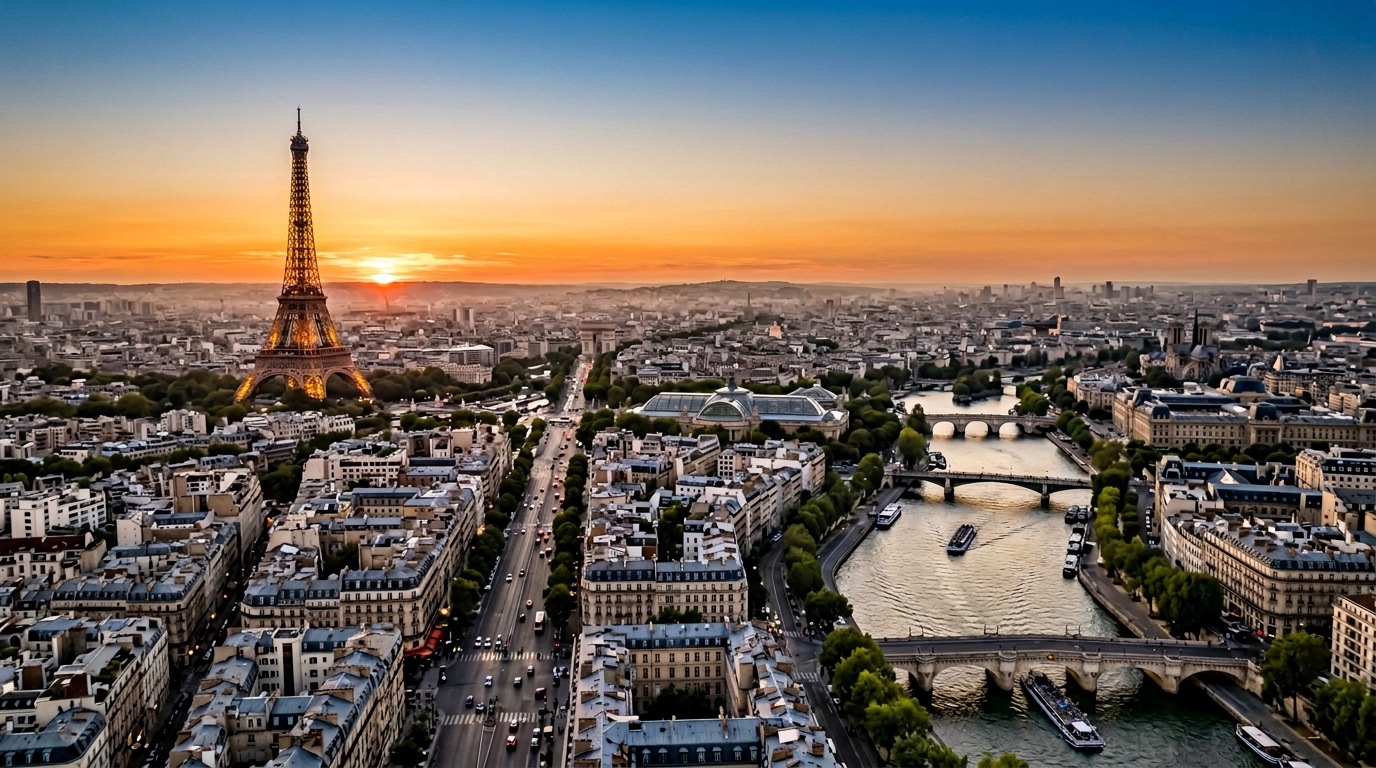Aerial view of Paris, the destination for FlyKube flights from Milan