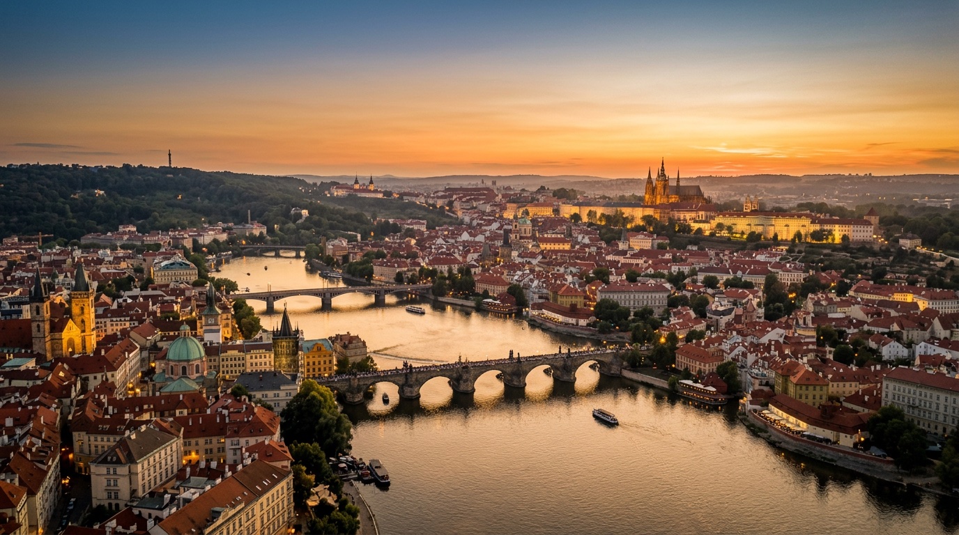Aerial view of Prague, the destination for FlyKube flights from Milan