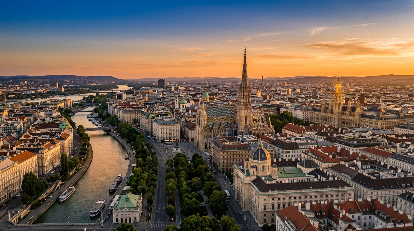 Veduta aerea di Vienna, destinazione dei voli FlyKube da Parigi
