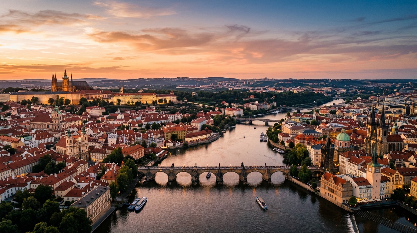 Luftfoto af Prag, destinationen for FlyKube-fly fra Rom